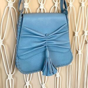 Jill Haber crossbody tassel bag in slate gray blue. High end leather bag!